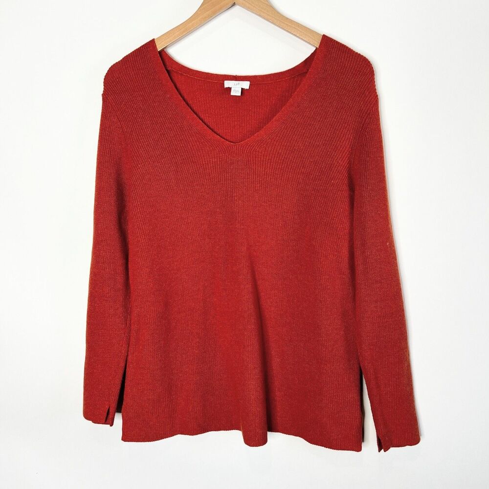 J Jill Sweater Knit Ribbed V Neck Orange Long Sleeve Boho Fall Women Size M